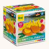 Erzi wooden schnitzel party assortment set in original cardboard packaging on a cream background.