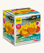 Erzi wooden schnitzel party assortment set in original cardboard packaging on a cream background.