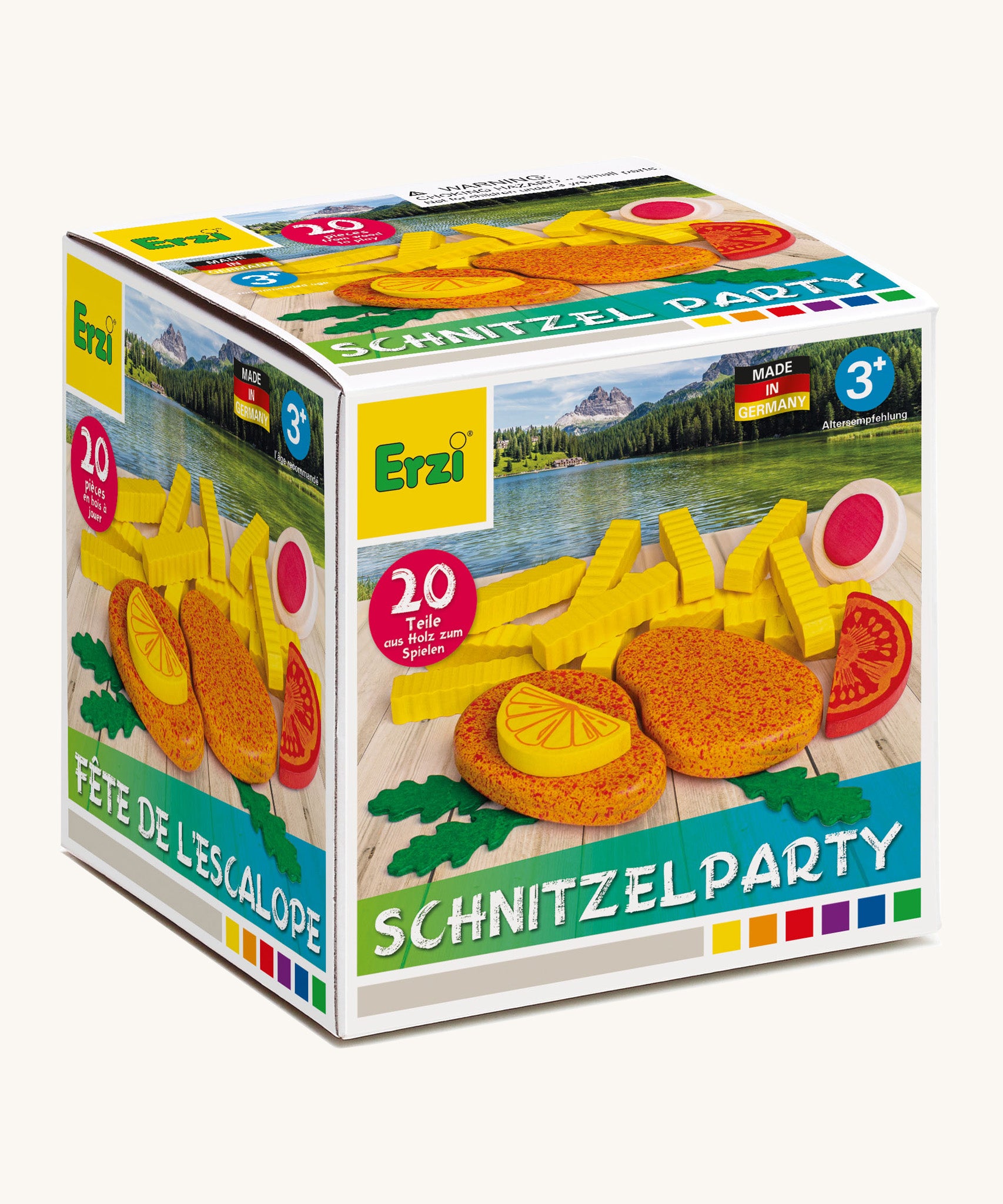 Erzi wooden schnitzel party assortment set in original cardboard packaging on a cream background.