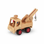Fagus handmade wooden truck with the crane extension hood on the back on a white background