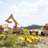 Fagus large wooden toy vehicles lined up in a grassy field full of dandelions