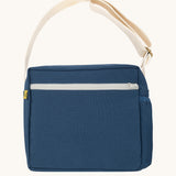 The classic navy coloured Fluf Crossbody Bag. The bag has an off white coloured zip an crossbody strap.