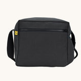 The carbon black coloured Fluf Crossbody Bag. The bag has and off white coloured zip an crossbody strap.