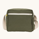 The dark olive green coloured Fluf Crossbody Bag. The bag has and off white coloured zip an crossbody strap.