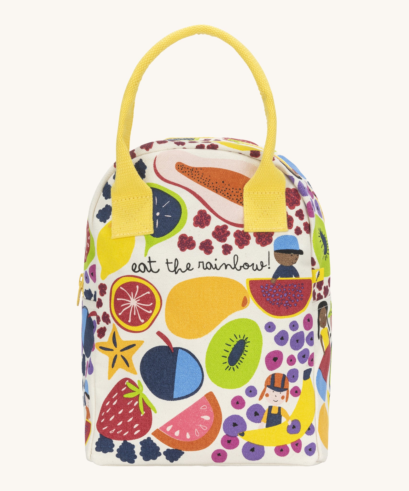 Fluf zip lunch bag in white with a design of different coloured fruits with a yellow handle and zip detail on a cream background.