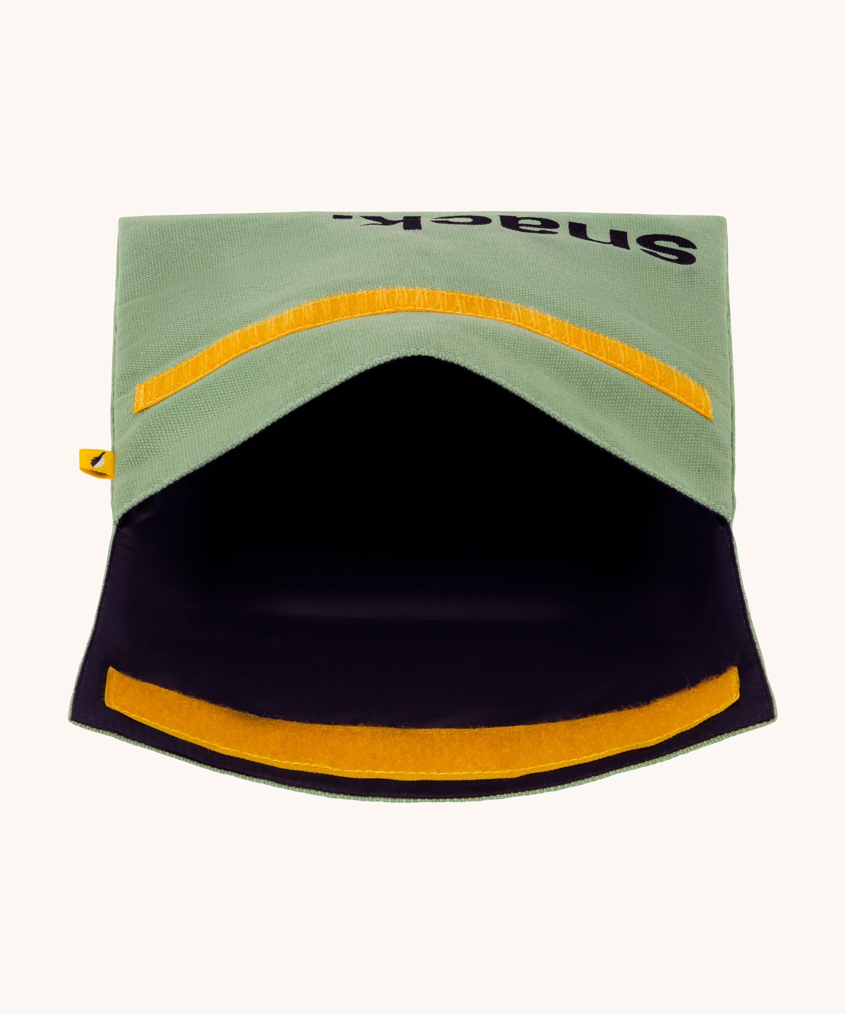An open Fluf Flip Organic Cotton Snack Bag in a moss green colour. A reusable cotton bag with the word 'snack written in black front on the front.