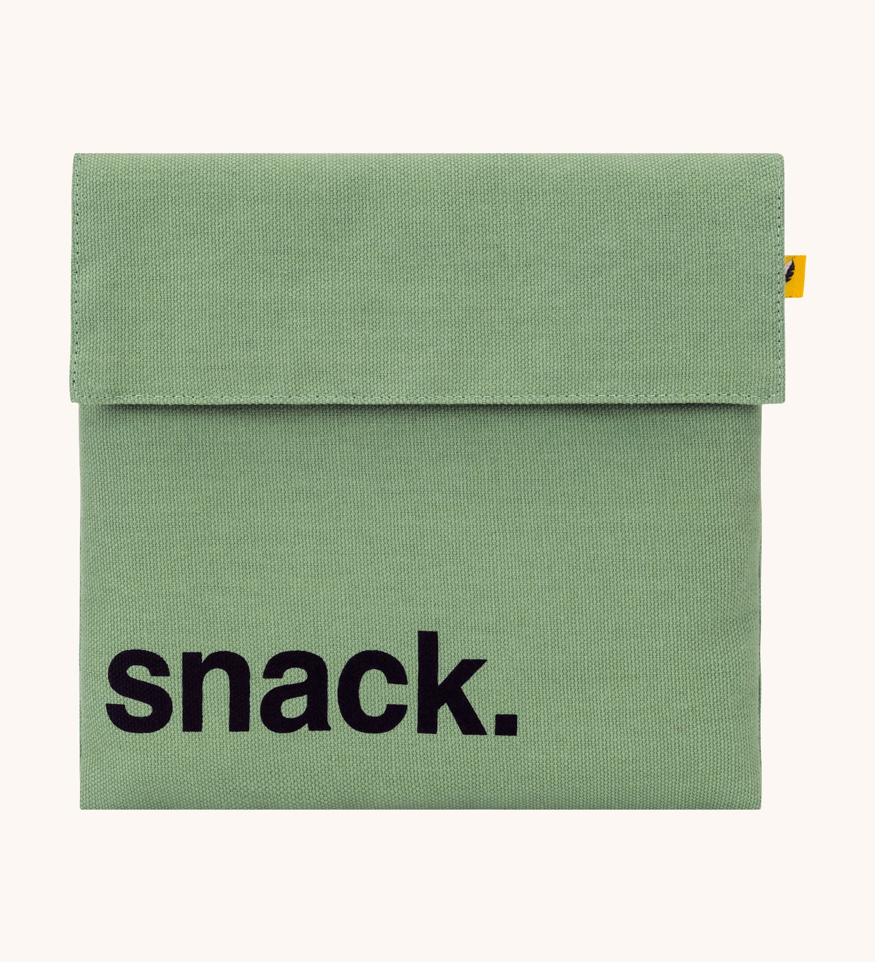 Fluf Flip Organic Cotton Snack Bag in a moss green colour. A reusable cotton bag with the word 'snack written in black front on the front.