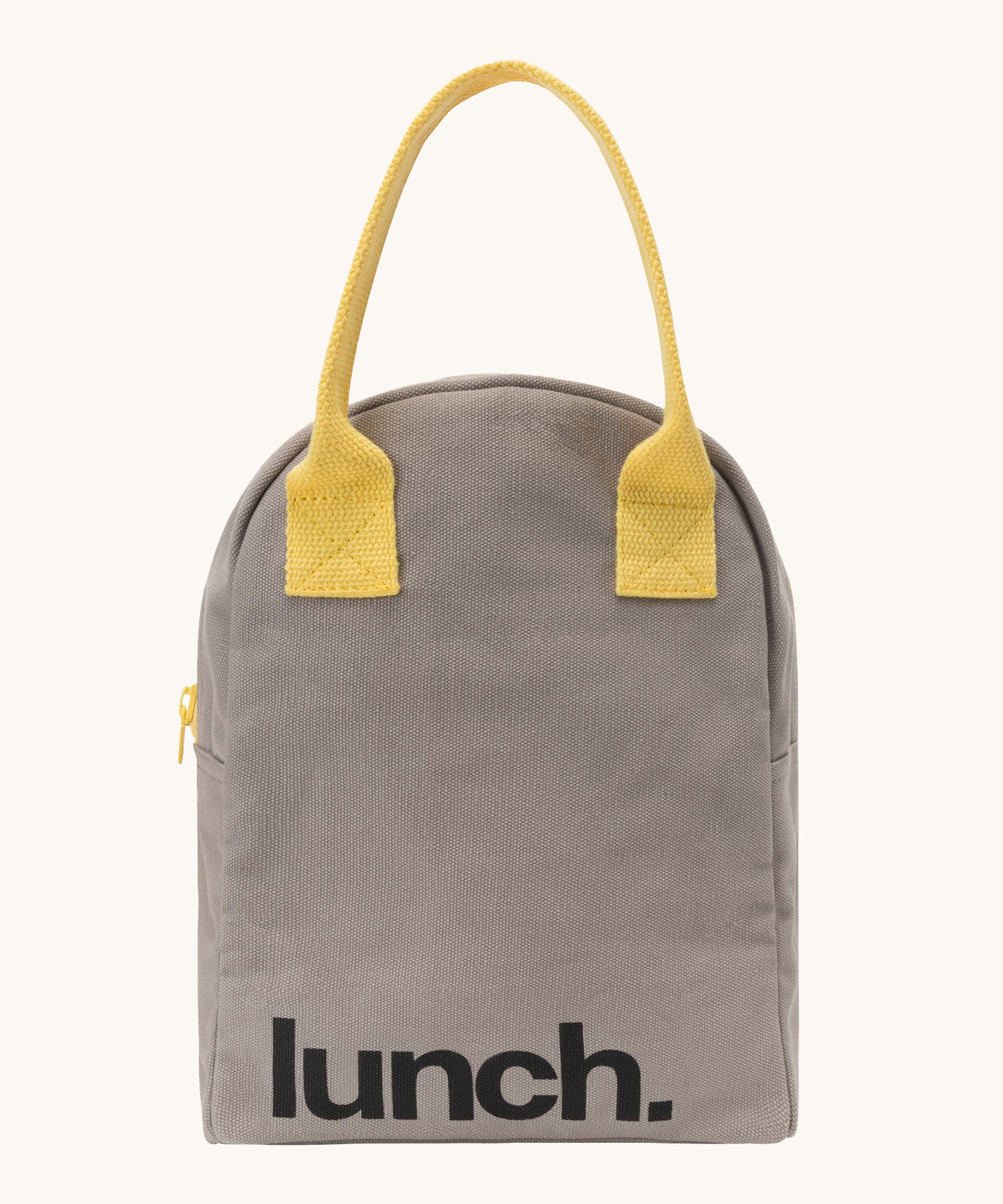 Fluf zip lunch bag in a grey colour with lunch printed on the front in black with a yellow handle and zip detail on a cream background.
