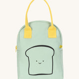 Fluf zip lunch bag in light green with  a light yellow handle and zip . Lunch bag has a playful black outline design of a slice of bread with a smiling face