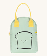Fluf zip lunch bag in light green with  a light yellow handle and zip . Lunch bag has a playful black outline design of a slice of bread with a smiling face