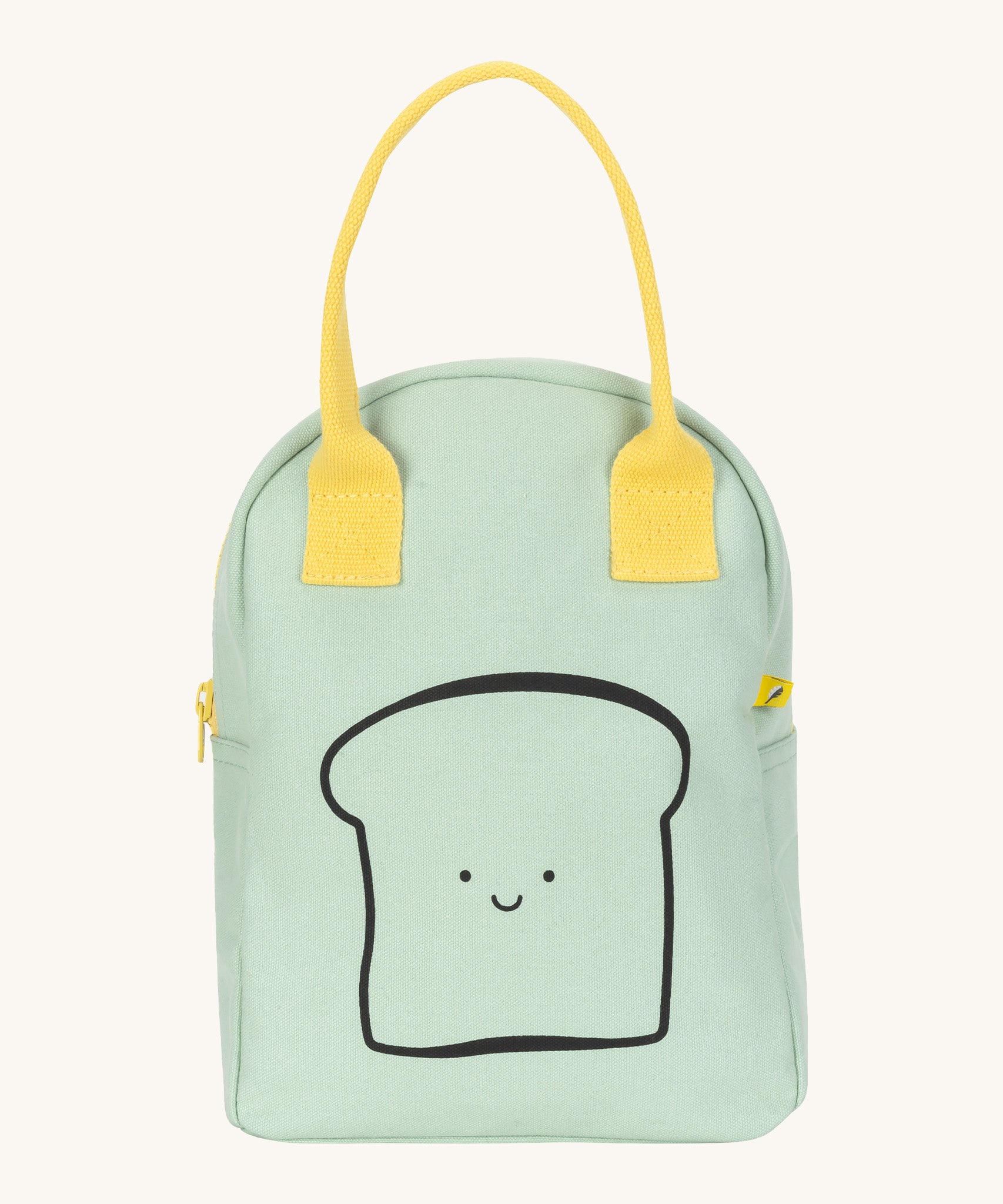 Fluf zip lunch bag in light green with  a light yellow handle and zip . Lunch bag has a playful black outline design of a slice of bread with a smiling face