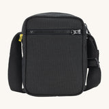 Sporty and functional Fluf Mini Crossbody Bag in black, GOTS organic cotton with adjustable strap, front zipper pocket, recycled interior, perfect for travel or everyday essentials