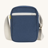 Sporty and functional Fluf Mini Crossbody Bag in navy blue, GOTS organic cotton with adjustable strap, front zipper pocket, recycled interior, perfect for travel or everyday essentials