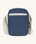 Sporty and functional Fluf Mini Crossbody Bag in navy blue, GOTS organic cotton with adjustable strap, front zipper pocket, recycled interior, perfect for travel or everyday essentials