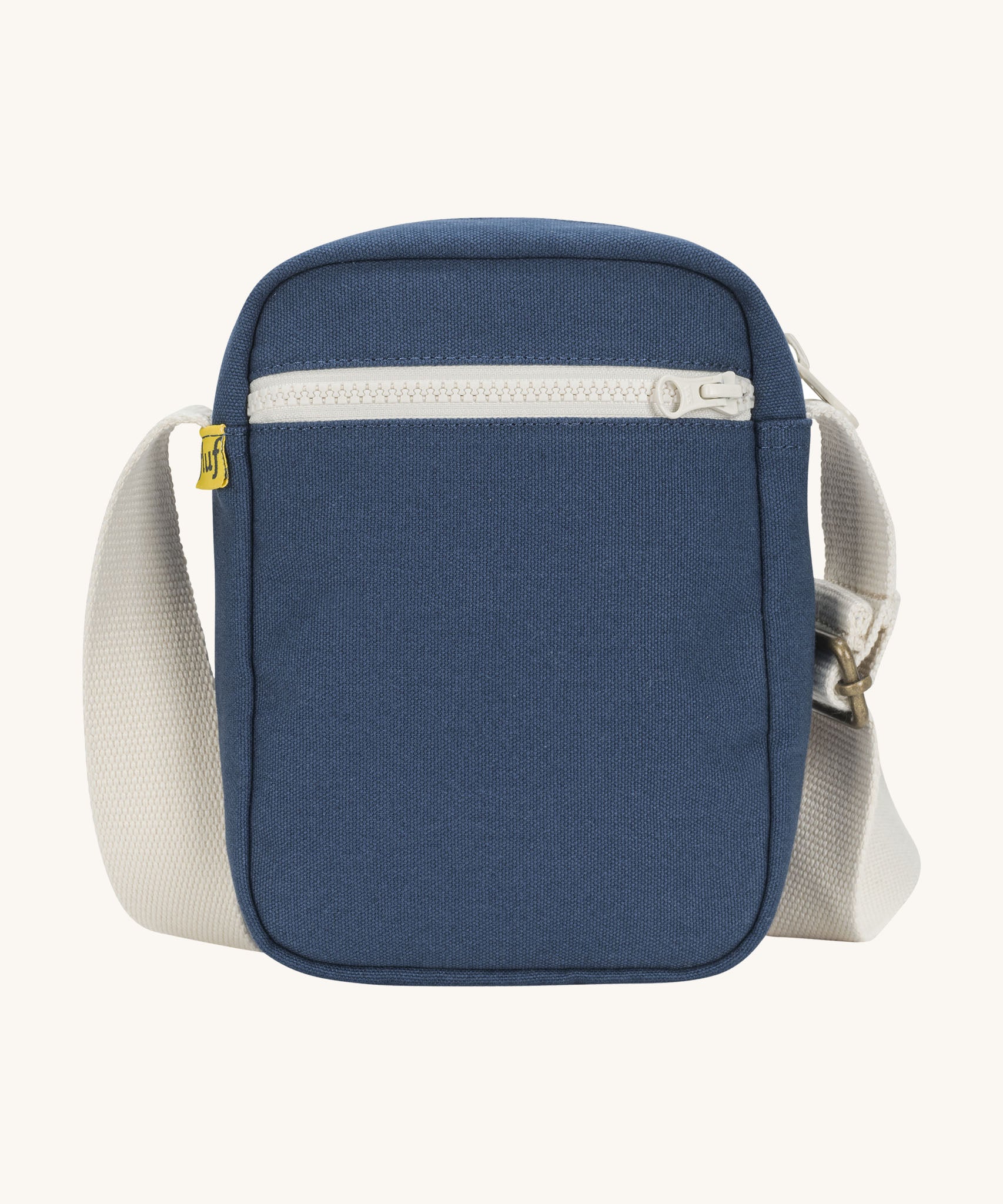 Sporty and functional Fluf Mini Crossbody Bag in navy blue, GOTS organic cotton with adjustable strap, front zipper pocket, recycled interior, perfect for travel or everyday essentials