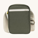 Sporty and functional Fluf Mini Crossbody Bag in olive green, GOTS organic cotton with adjustable strap, front zipper pocket, recycled interior, perfect for travel or everyday essentials