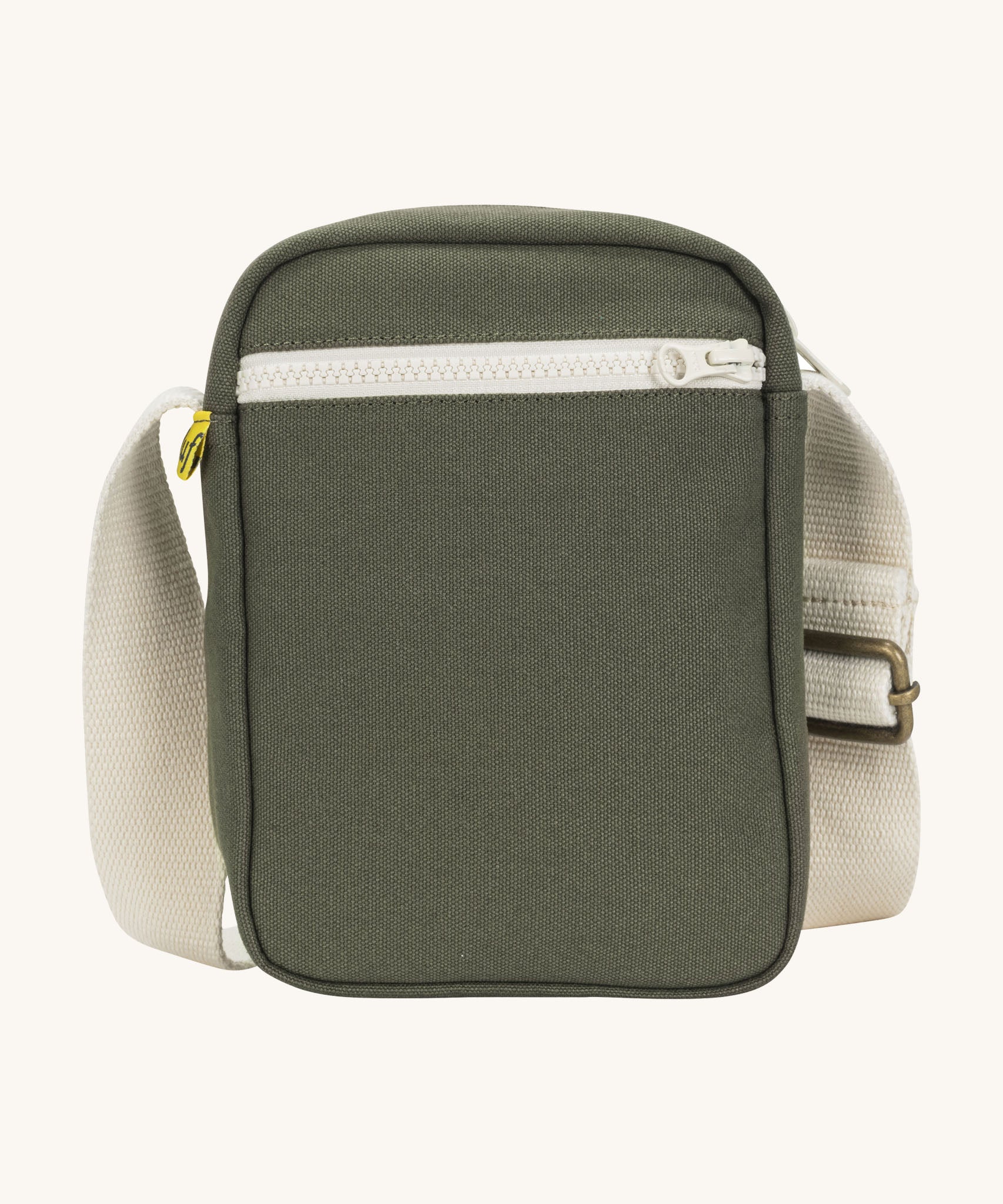 Sporty and functional Fluf Mini Crossbody Bag in olive green, GOTS organic cotton with adjustable strap, front zipper pocket, recycled interior, perfect for travel or everyday essentials