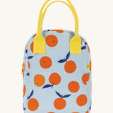 Fluf zip lunch bag in light blue with a design of oranges with a yellow handle and zip detail