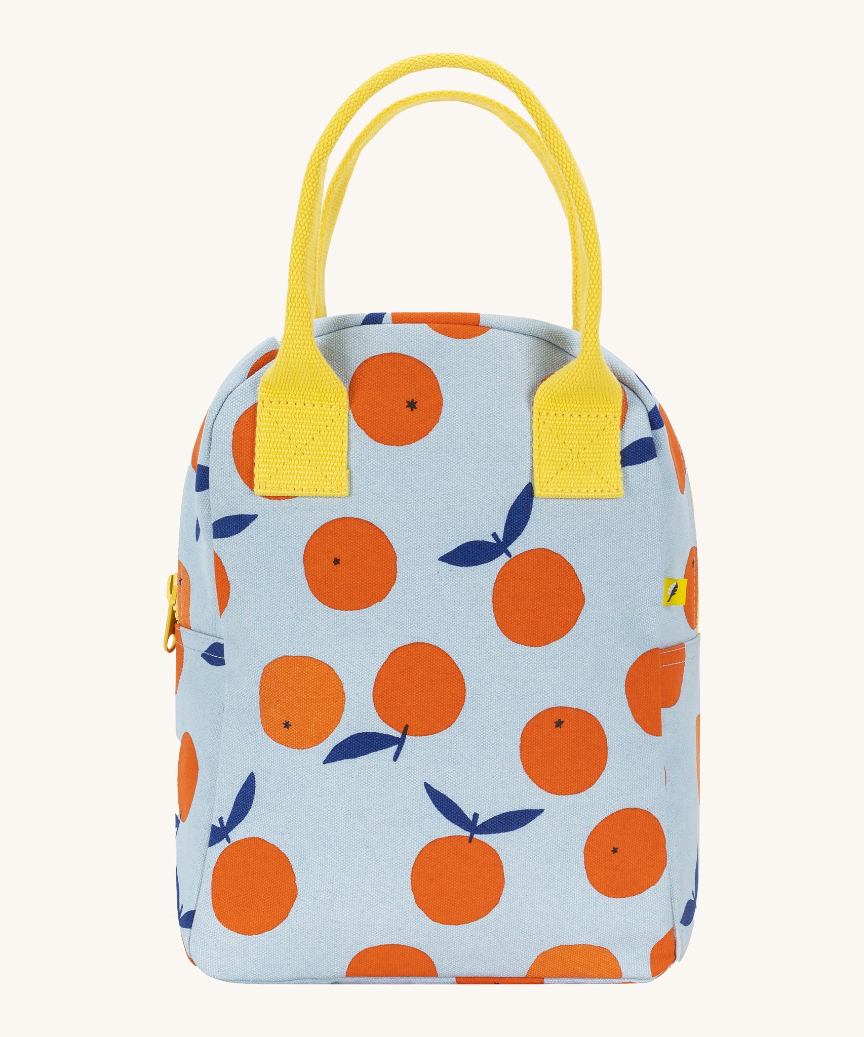Fluf zip lunch bag in light blue with a design of oranges with a yellow handle and zip detail