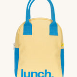 The Fluf organic cotton zippered lunch bag, featuring a blue lunch text design on a light butter yellow background, blue handles and blue side panels