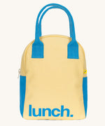 The Fluf organic cotton zippered lunch bag, featuring a blue lunch text design on a light butter yellow background, blue handles and blue side panels