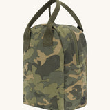 A side view of the Fluf organic cotton zippered lunch bag, in a green camo print with dark green handles.