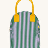 The Fluf organic cotton zippered lunch bag, featuring a green and purple candy stripe design and yellow handles.