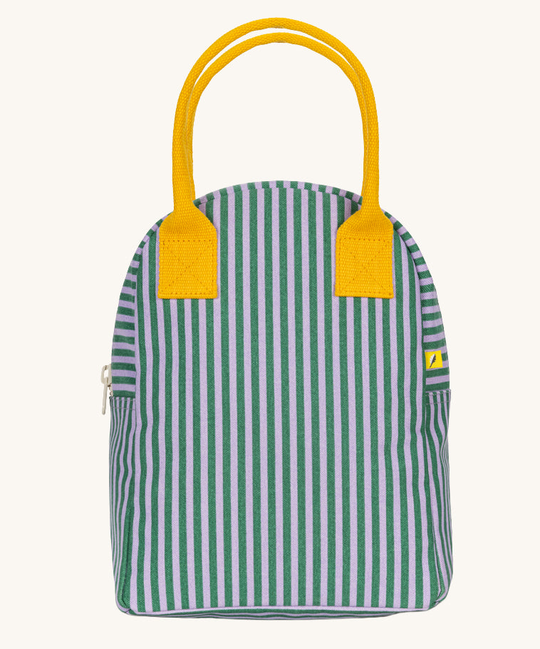The Fluf organic cotton zippered lunch bag, featuring a green and purple candy stripe design and yellow handles.