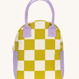 The Fluf organic cotton zippered lunch bag, featuring a checks pear green and white design, lilac handles and lilac side panels.