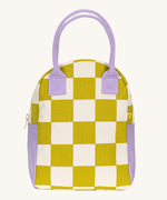 The Fluf organic cotton zippered lunch bag, featuring a checks pear green and white design, lilac handles and lilac side panels.