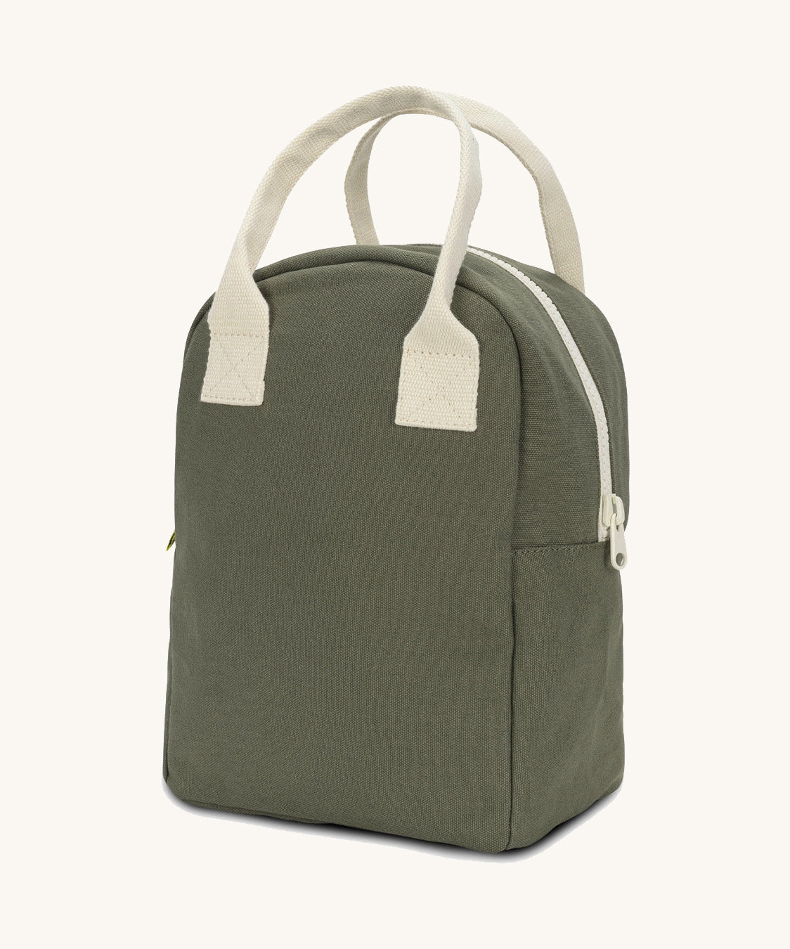 A side view of the Fluf organic cotton zippered lunch bag, in a dark olive green with white handles and zip.