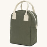 A side view of the Fluf organic cotton zippered lunch bag, in a dark olive green with white handles and zip.