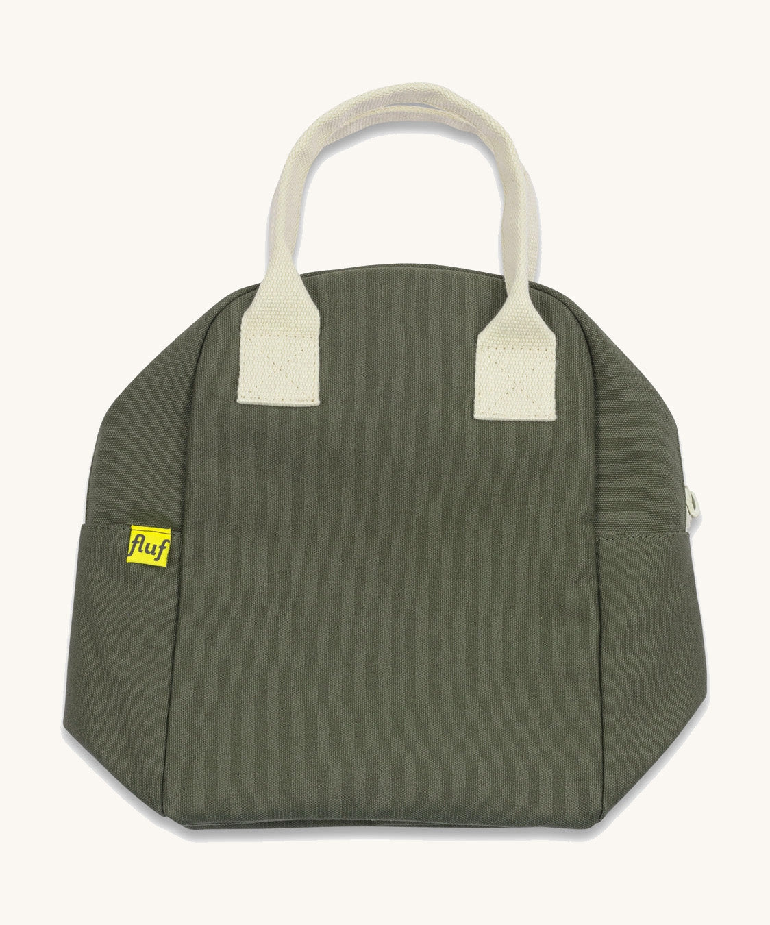 The Fluf organic cotton zippered lunch bag, in a dark olive green with white handles, squashed down flat.