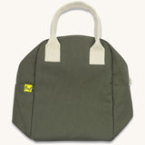 The Fluf organic cotton zippered lunch bag, in a dark olive green with white handles, squashed down flat.