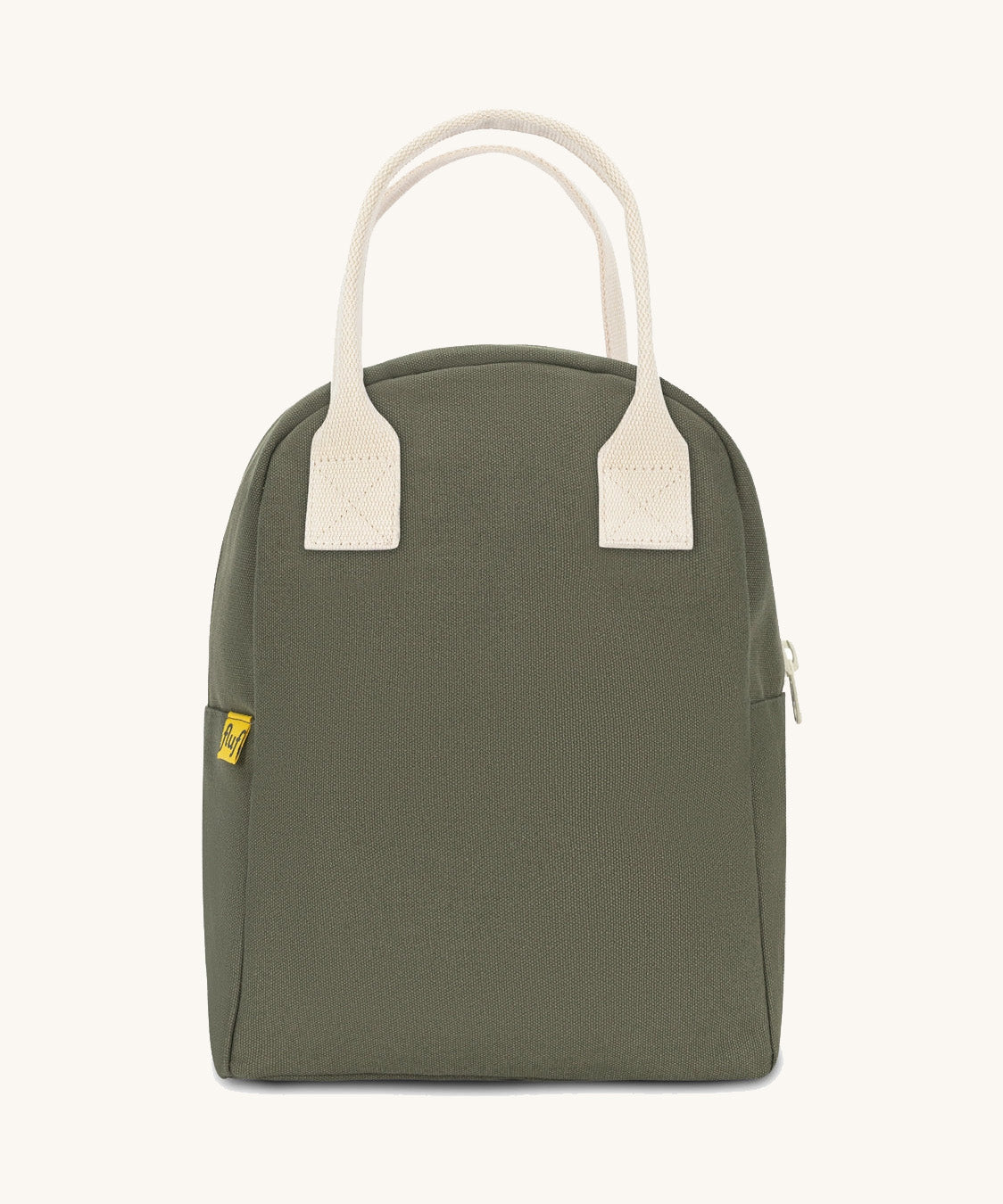 The Fluf organic cotton zippered lunch bag, in a dark olive green with white handles.