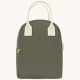 The Fluf organic cotton zippered lunch bag, in a dark olive green with white handles.