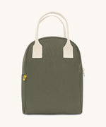 The Fluf organic cotton zippered lunch bag, in a dark olive green with white handles.