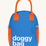 The Fluf organic cotton zippered lunch bag, featuring a doggy bag word design on the front, orange handles and orange side panels.