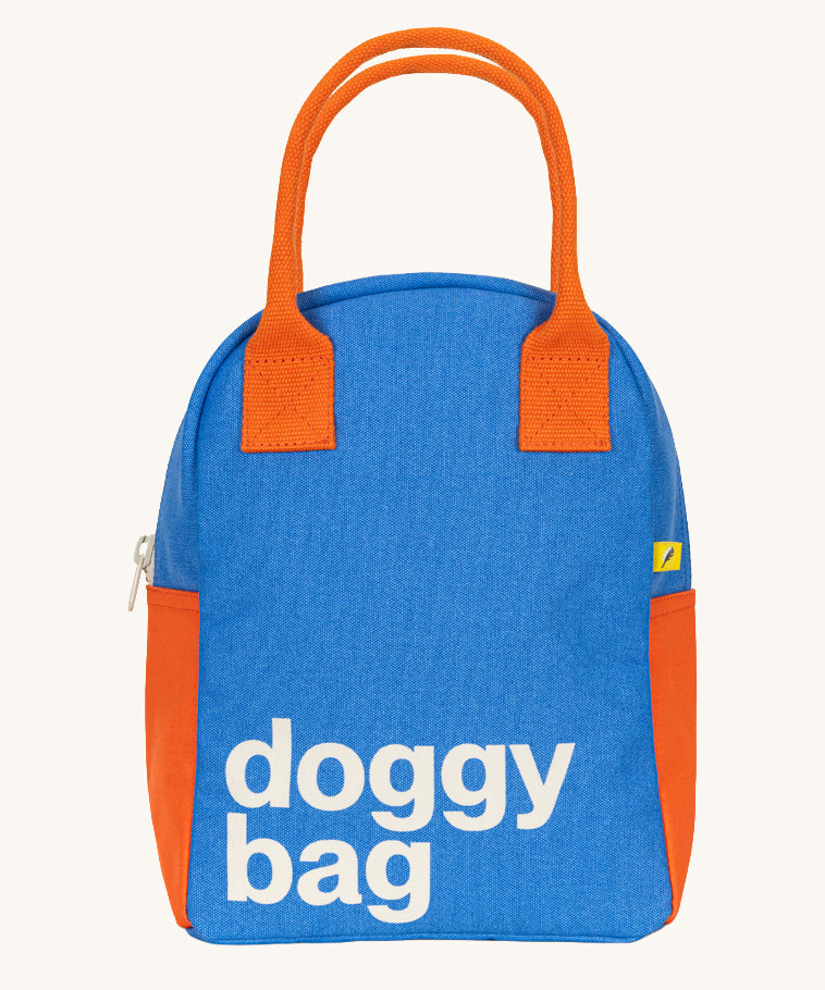 The Fluf organic cotton zippered lunch bag, featuring a doggy bag word design on the front, orange handles and orange side panels.