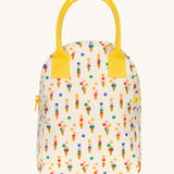 The Fluf organic cotton zippered lunch bag, featuring a cones pattern design with yellow contrasting handles.