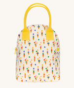 The Fluf organic cotton zippered lunch bag, featuring a cones pattern design with yellow contrasting handles.
