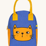 The Fluf organic cotton zippered lunch bag, featuring an orange  cat design on the front, orange handles and orange side panels.