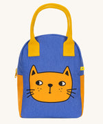 The Fluf organic cotton zippered lunch bag, featuring an orange  cat design on the front, orange handles and orange side panels.