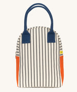 The Fluf organic cotton zippered lunch bag, featuring a nautical pencil stripe design, navy blue handles and orange side panels.