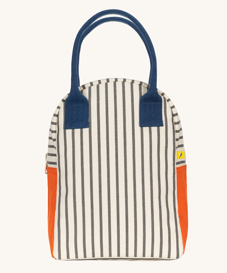 The Fluf organic cotton zippered lunch bag, featuring a nautical pencil stripe design, navy blue handles and orange side panels.
