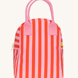 The Fluf organic cotton zippered lunch bag, featuring a pink and red awning stripe design with pink handles.