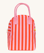 The Fluf organic cotton zippered lunch bag, featuring a pink and red awning stripe design with pink handles.