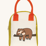 The Fluf organic cotton zippered lunch bag, featuring a sloth design on the front, orange handles and green side panels.