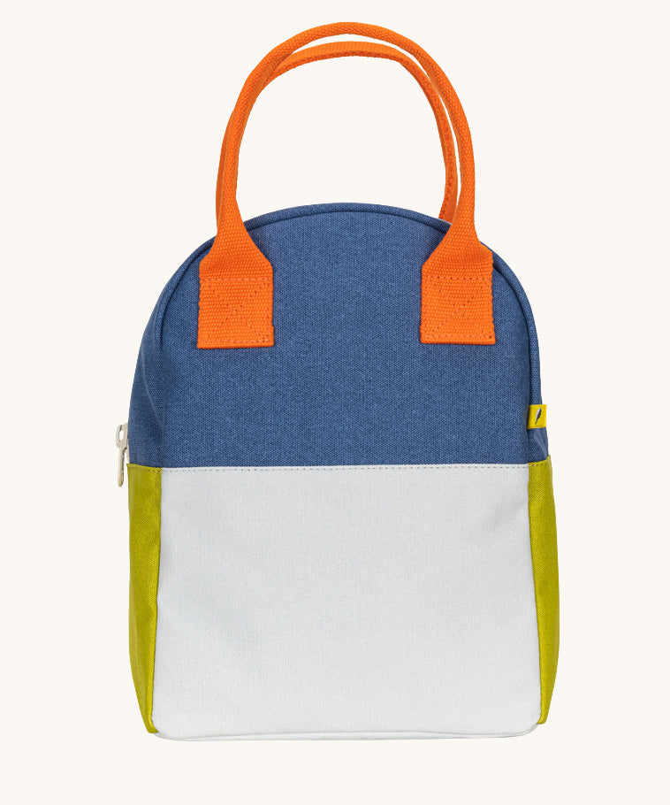 The Fluf organic cotton zippered lunch bag, featuring a two tone citrus sky design, orange handles and green side panels.