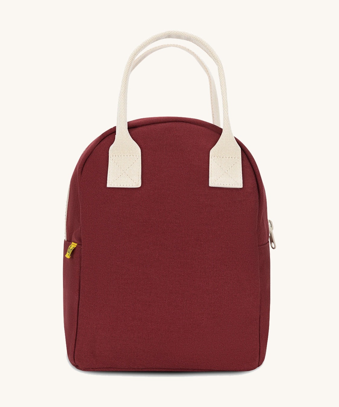 The Fluf organic cotton zippered lunch bag, in a vintage burgundy colour with white handles.